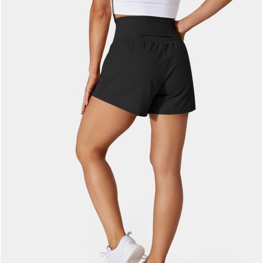 Halara Super High Waisted Yoga Shorts Sz Large Womens Black Back Pocket & Side P - Picture 2 of 8